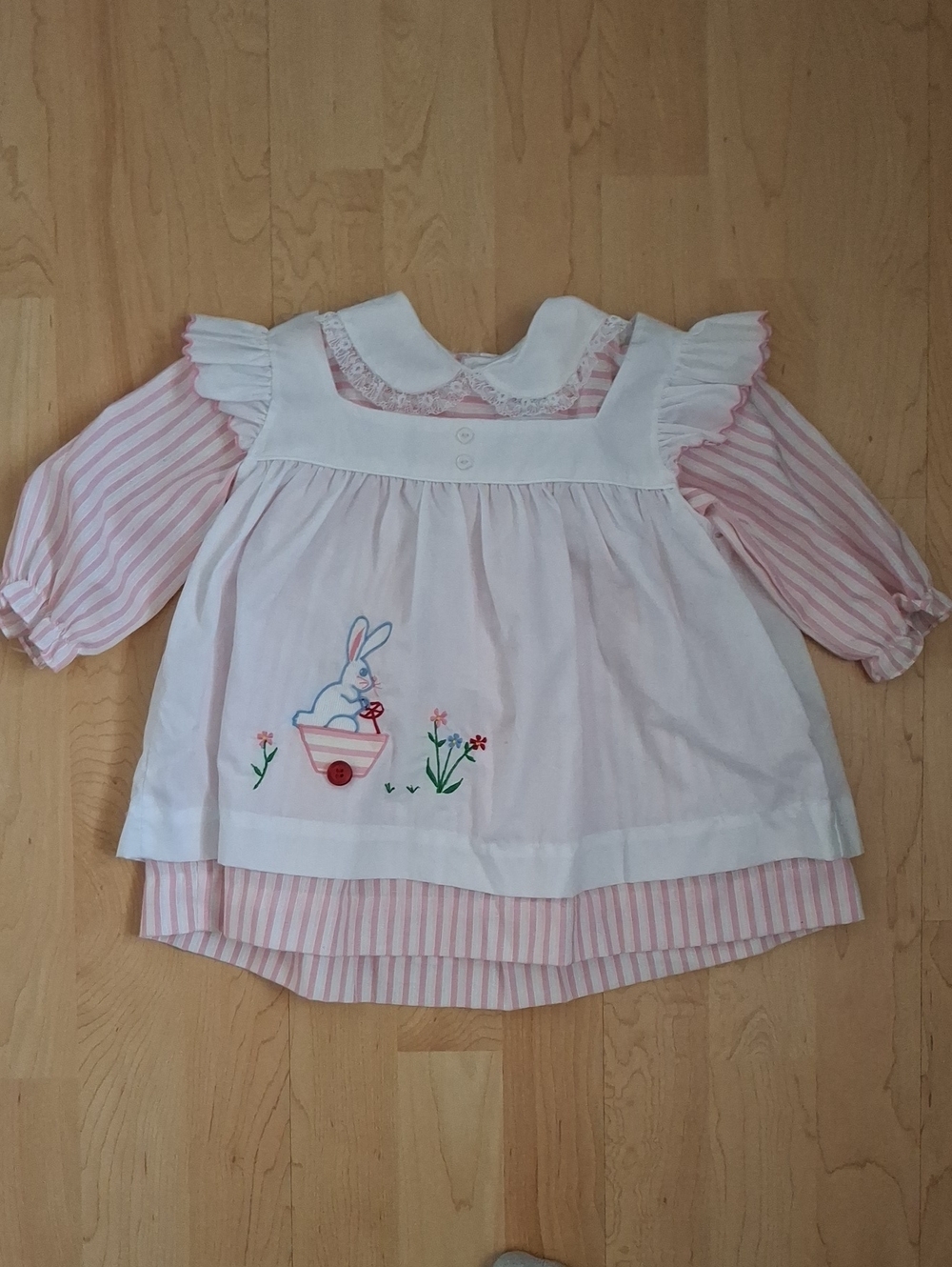 Vintage Jo-Joe Striped Pink and White Bunny Appliqué Apron Dress